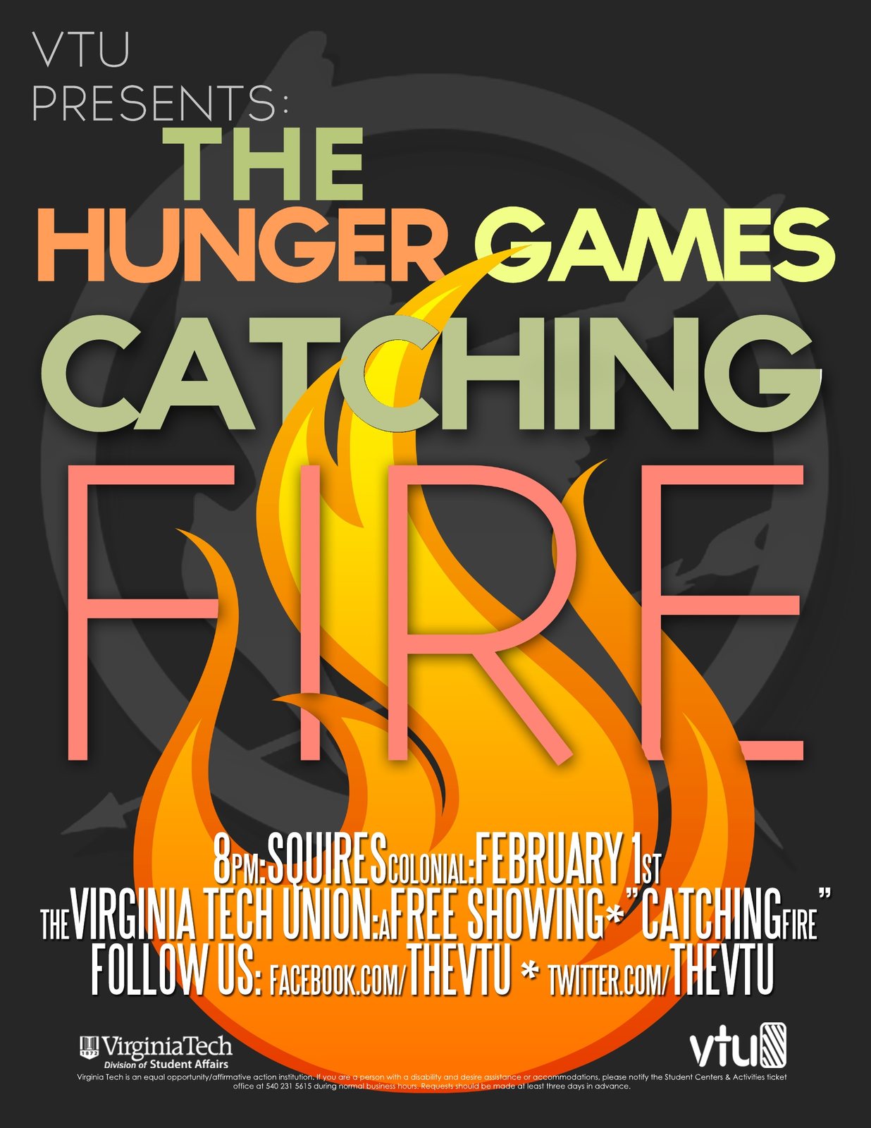 Typographic poster with a large illustrated flame over a grey mockingjay emblem. Text: VTU presents The Hunger Games: Catching Fire, 8pm, Squires Colonial, February 1st, a free showing.