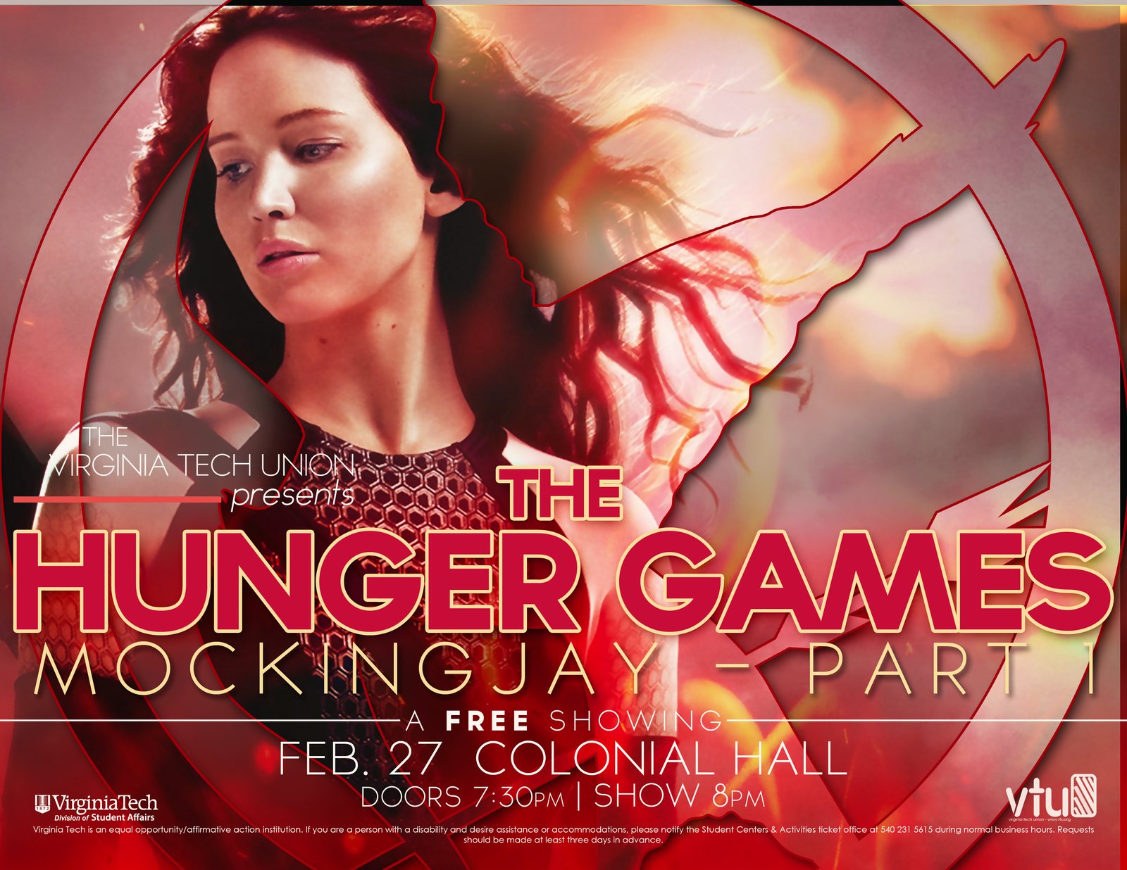 Red-toned film still with a mockingjay emblem and bold red title lettering. Text: The Virginia Tech Union presents The Hunger Games: Mockingjay – Part 1, a free showing, Feb. 27, Colonial Hall, doors 7:30pm, show 8pm.