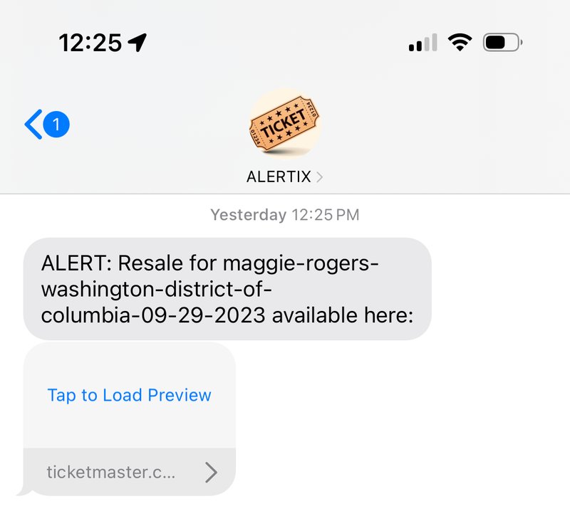 Text message from Alertix announcing a resale ticket is available