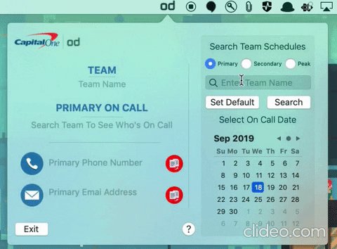 OneDuty menu-bar window with team schedule search and calendar