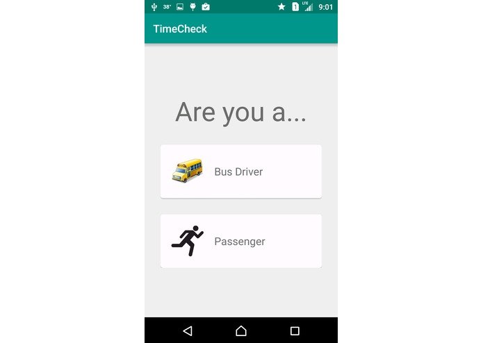 TimeCheck app screen asking whether you are a bus driver or passenger